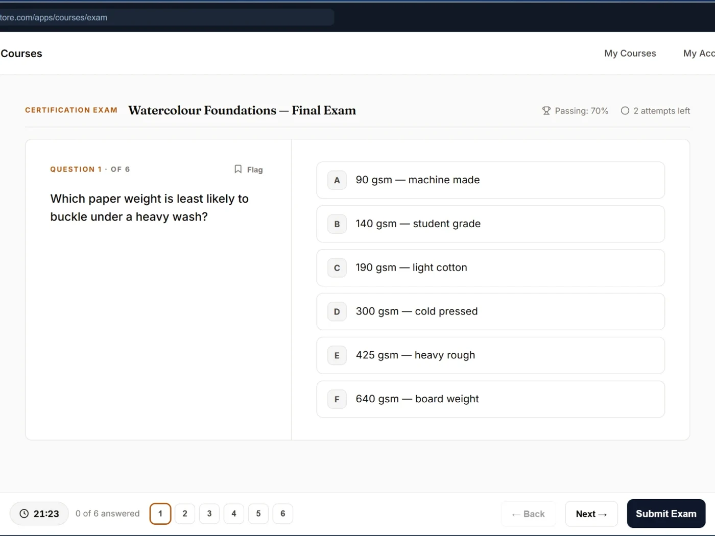 A timed certification exam running in Chapters LMS