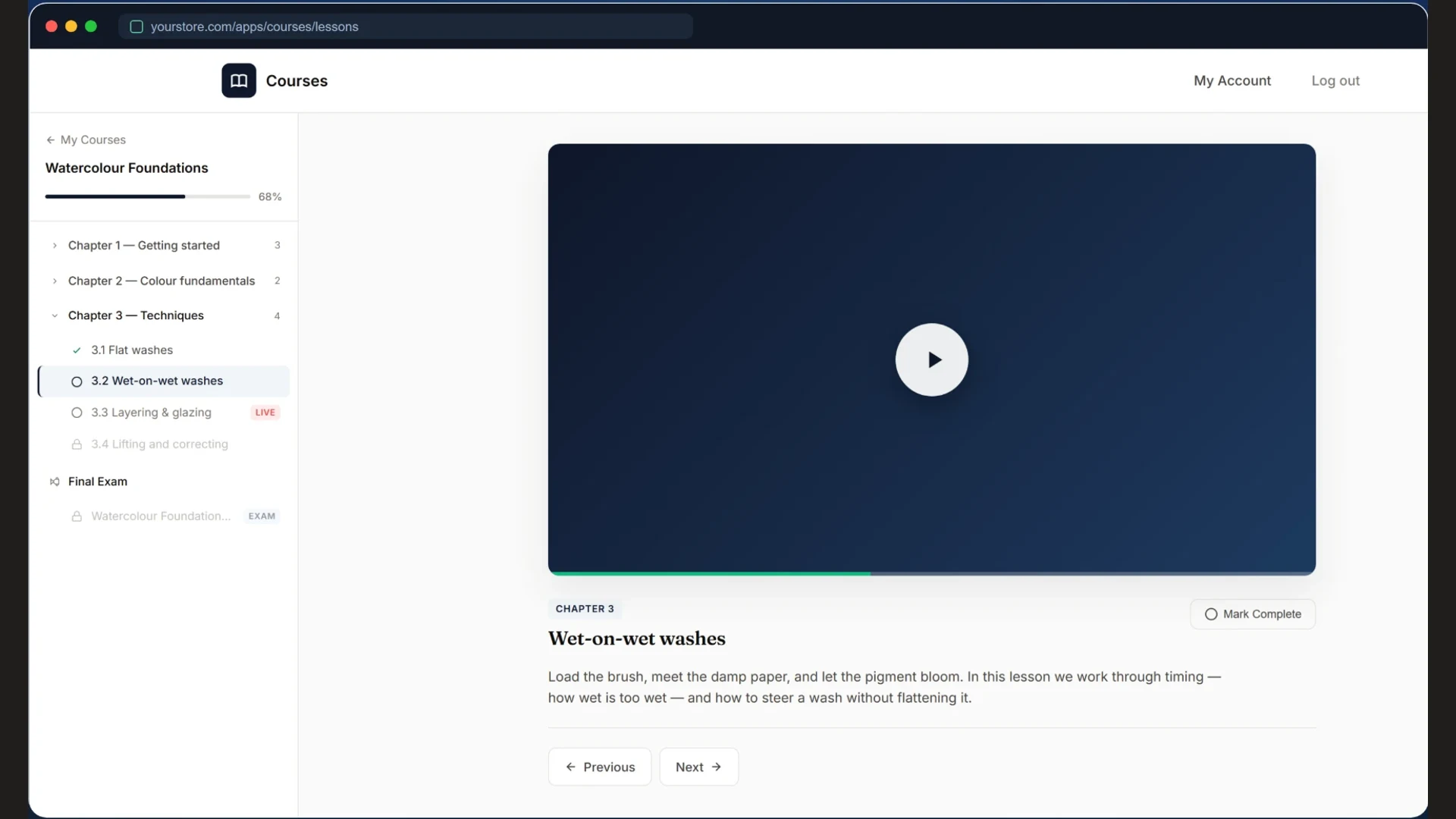 A Chapters LMS lesson, with the course chapter list beside the video player