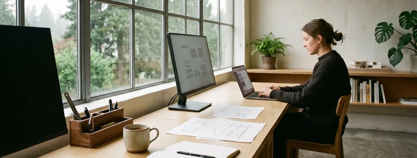 A designer at work at a window-lit studio desk