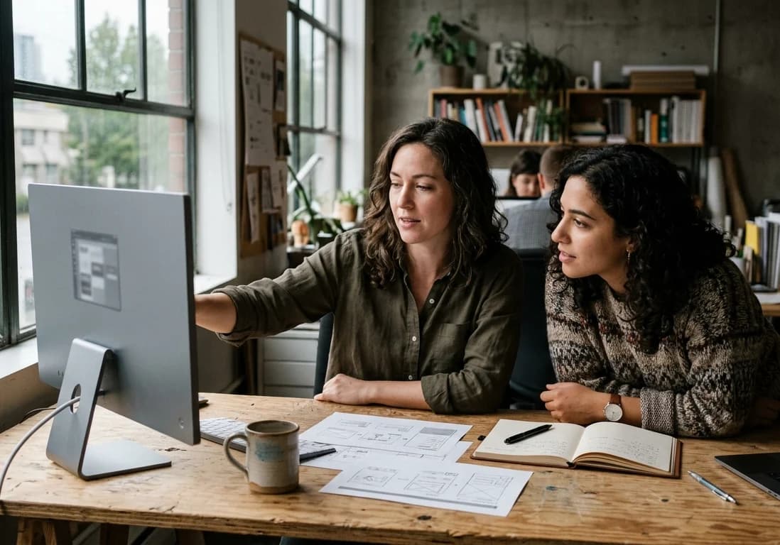 Two designers reviewing work together at a studio desk
