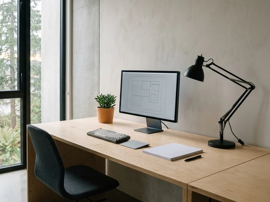 A studio workspace: a plywood desk, monitor and lamp beside a tall window