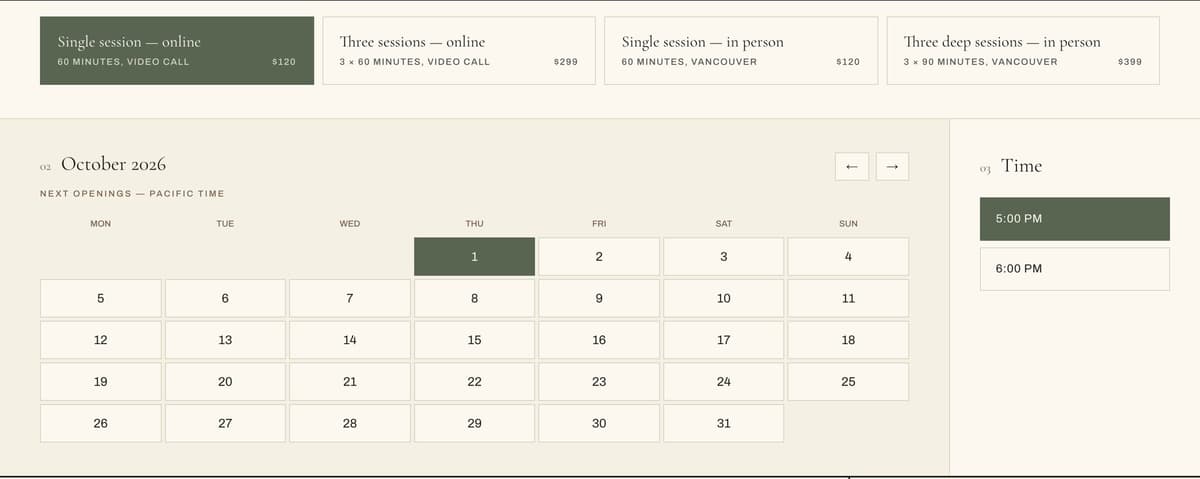 The UpsideThink booking page: four session cards, a month calendar with the next openings, and the available times beside it.