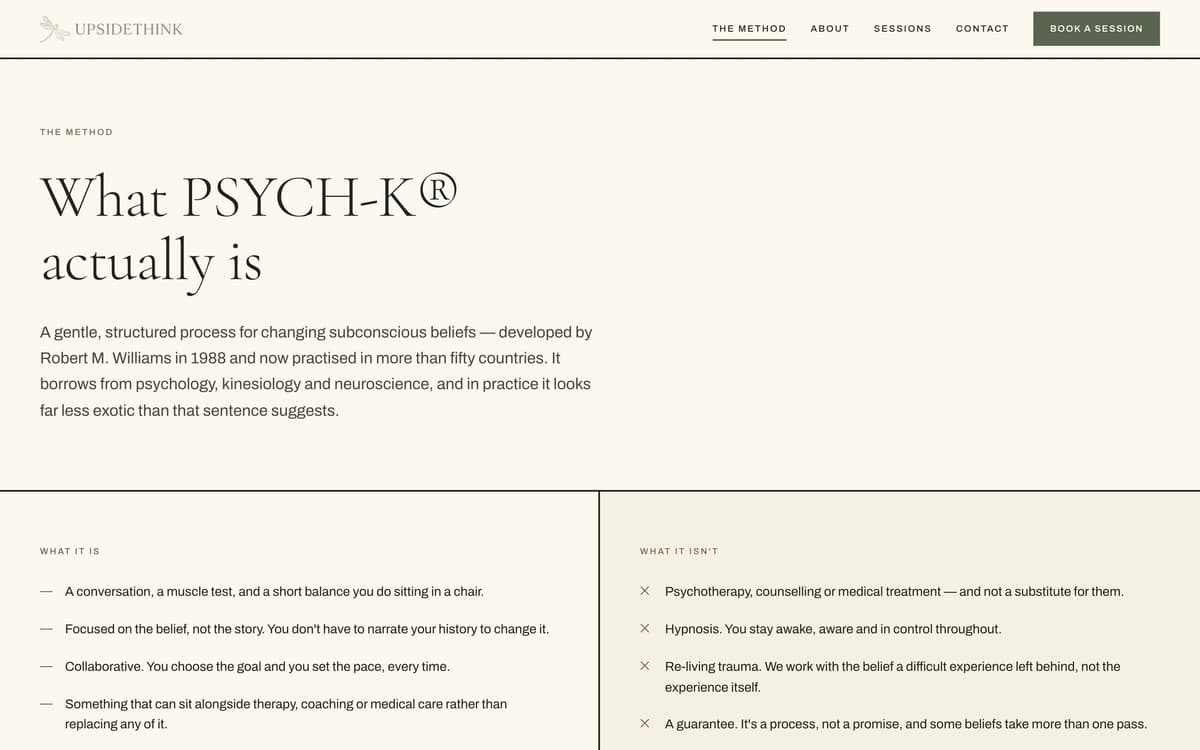 The Method page: a large serif headline, 'What PSYCH-K actually is', above two columns titled 'What it is' and 'What it isn't'.