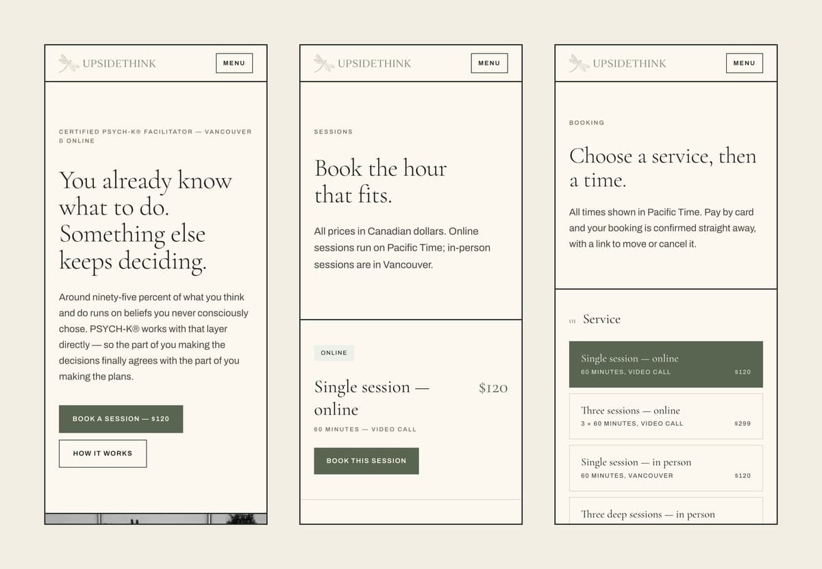 Three phone screens: the UpsideThink home page, the Sessions page and the booking page.