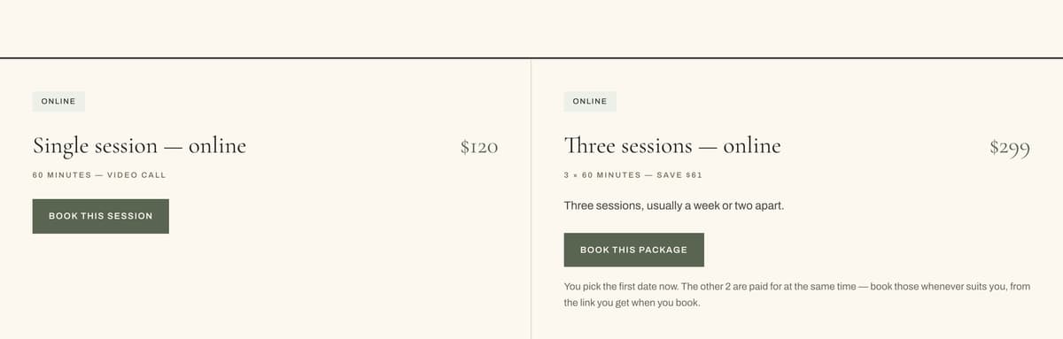 The Sessions page listing a single online session at $120 and a three-session online package at $299.