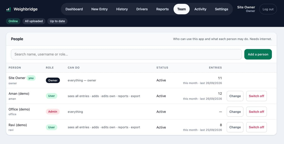 The Team screen listing four people with their role (Owner, Admin or User), what each can do, whether they are active and how many entries they made this month.