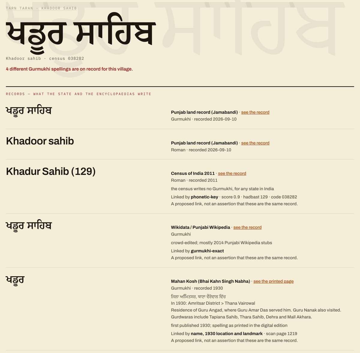 The Darust page for Khadoor Sahib: the name in large Gurmukhi, a note that four different Gurmukhi spellings are on record, and each record listed with its source, date, link method and a link to the original.