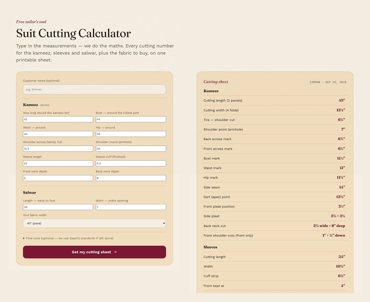 The Suit Cutting Calculator: on the left, a form of kameez and salwar measurements with a 'Get my cutting sheet' button; on the right, the resulting cutting sheet listing each cut in inches and fractions.