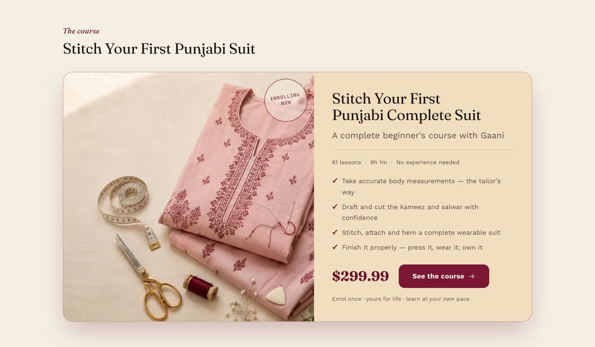 The course spotlight on the homepage: a folded pink embroidered suit beside a card showing the course title, 61 lessons, 9h 1m, four outcomes, the price and a 'See the course' button.