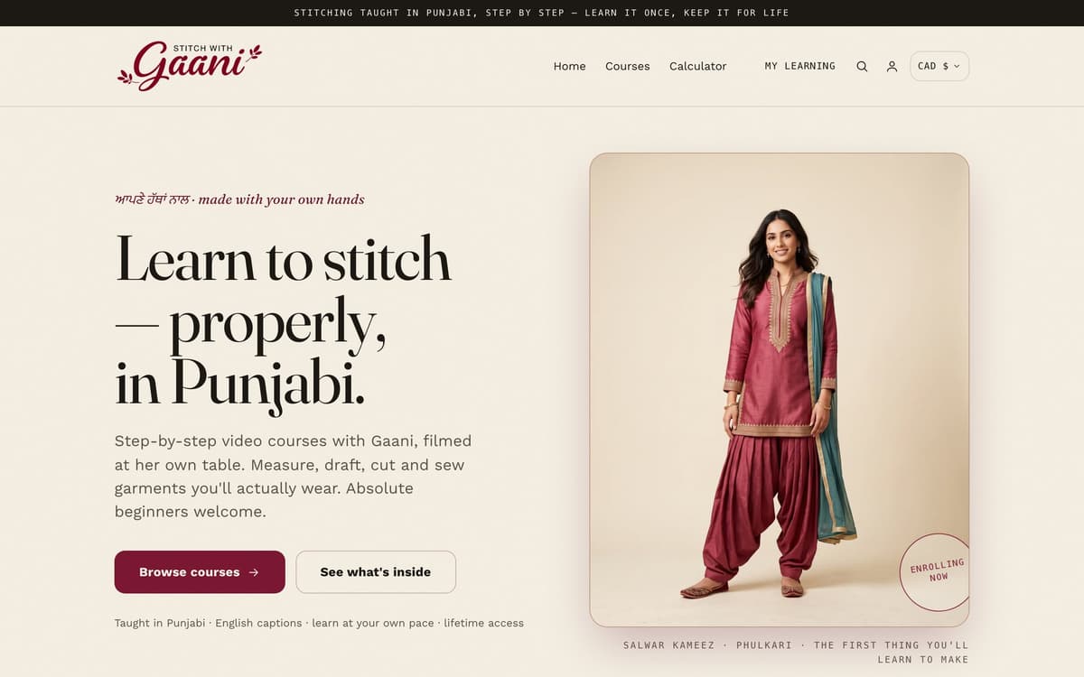 The Stitch with Gaani homepage: a Gurmukhi and English eyebrow, the headline 'Learn to stitch — properly, in Punjabi.', two buttons, and a framed photo of a model in a burgundy Patiala suit.
