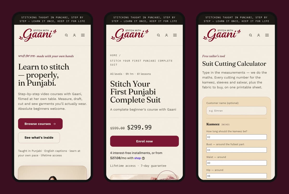 Three phone screens: the Stitch with Gaani homepage, a course page with the price and Enrol button, and the Suit Cutting Calculator.