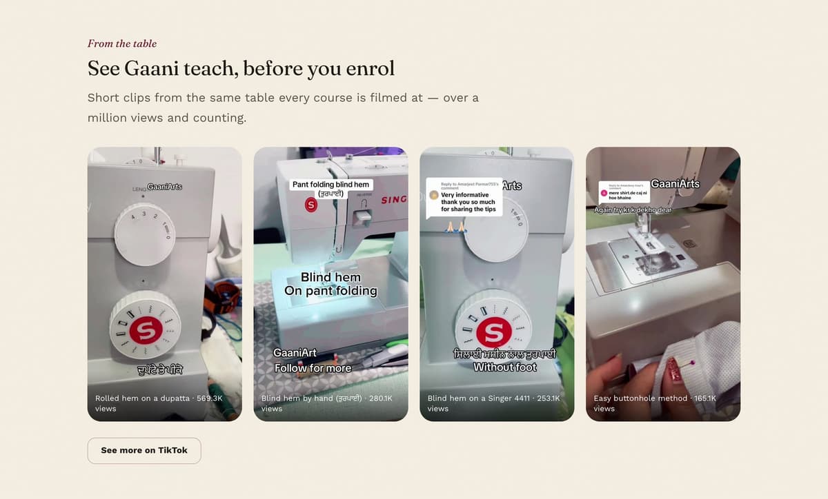 A 'See Gaani teach, before you enrol' section with four vertical TikTok-style clip covers of sewing-machine techniques, each captioned, and a 'See more on TikTok' button.