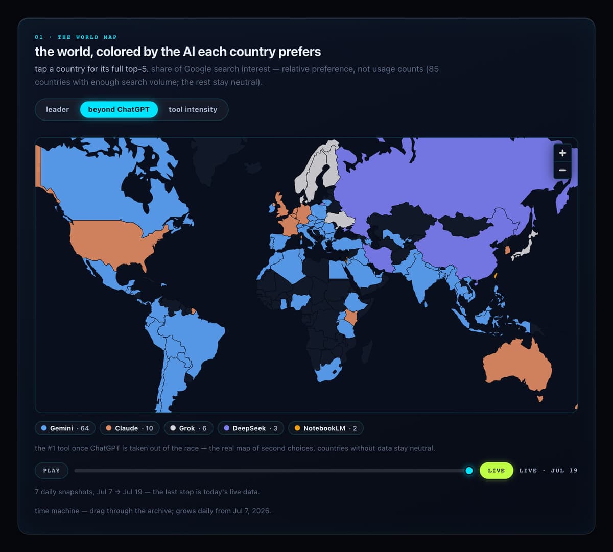 The AI Tracker world map in 'beyond ChatGPT' mode: countries coloured by their second-choice AI tool, with a legend, a play button and a time-machine slider underneath.