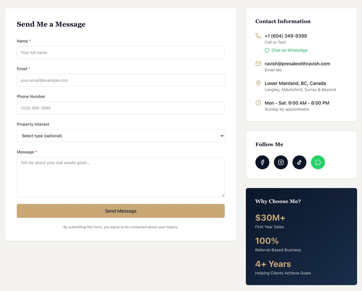 The contact page: a Send Me a Message form with name, email, phone, a Property Interest dropdown and a message box, beside cards for contact details, office hours, social links and his headline numbers.