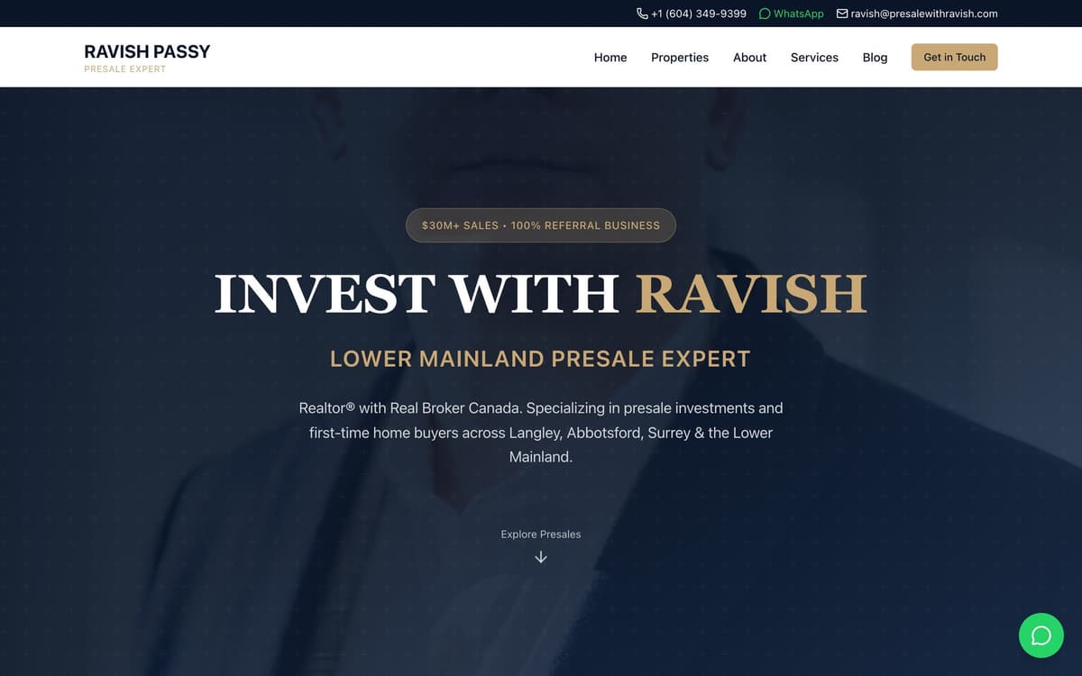 The Pre Sale with Ravish home page: a dark navy hero reading 'Invest with Ravish — Lower Mainland Presale Expert', a gold '$30M+ sales • 100% referral business' badge, and a green WhatsApp button in the corner.