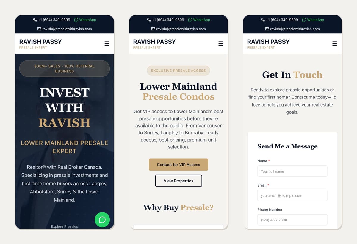 Three phone screens: the home page hero, the presale condos page and the contact form.