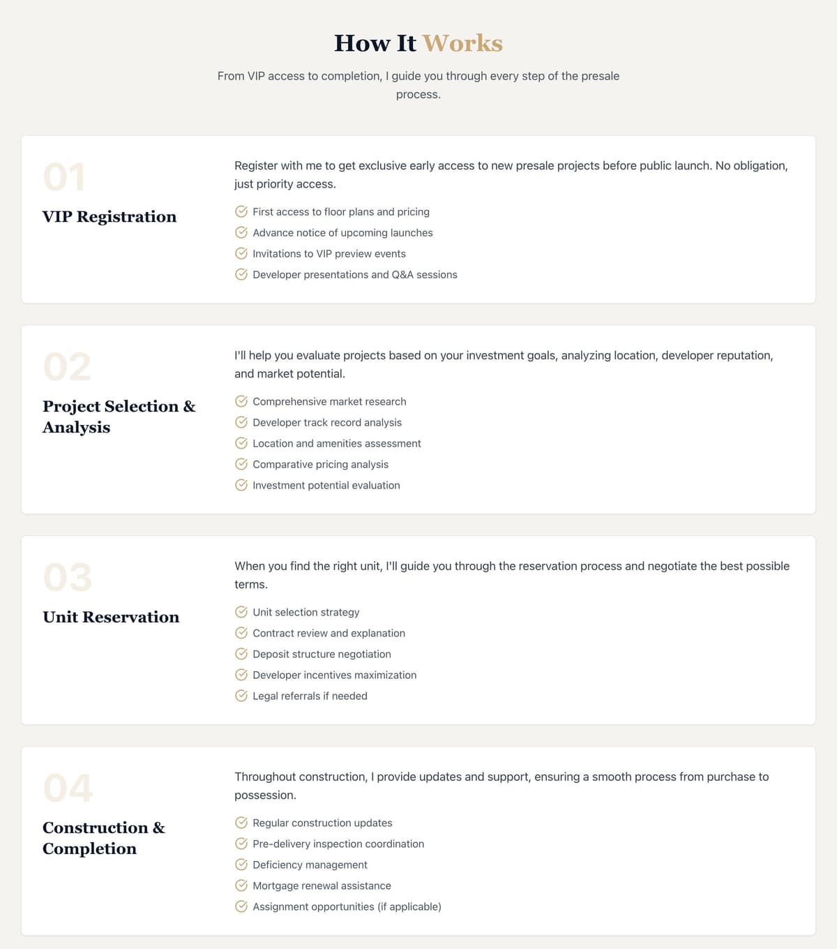 The How It Works section of the presale page: four numbered cards — VIP Registration, Project Selection and Analysis, Unit Reservation, and Construction and Completion — each with a short list of what Ravish does at that stage.