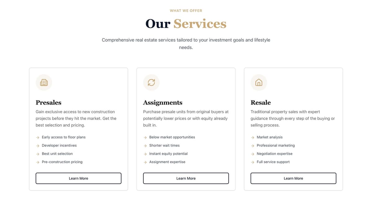 The Our Services section: three cards for Presales, Assignments and Resale, each with four short benefits and a Learn More button.