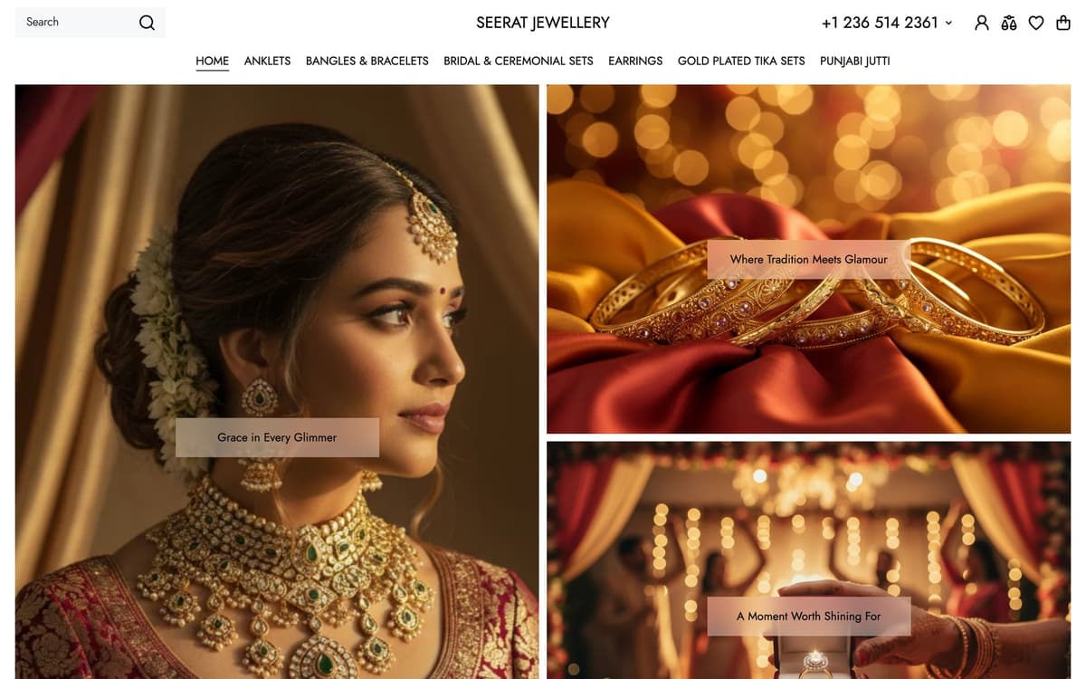 The Seerat Jewellery home page: a bride in a kundan necklace and maang tikka beside images of gold bangles on silk and a ring being offered at a celebration.