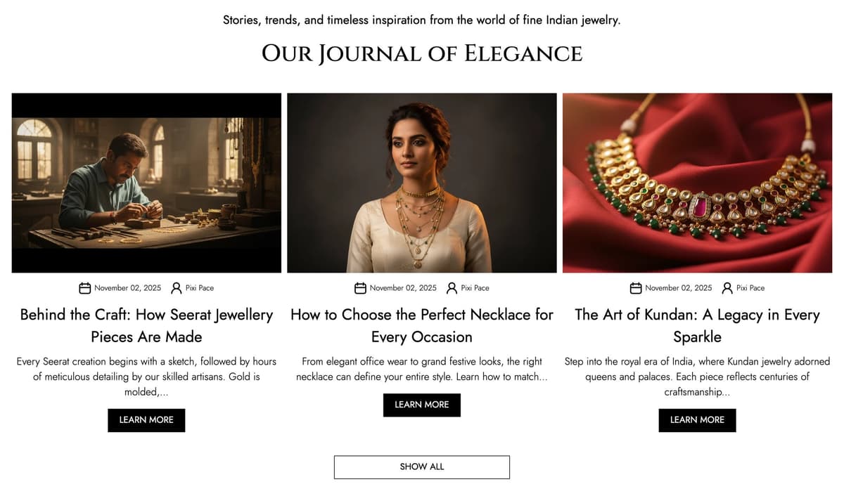 The 'Our Journal of Elegance' section: three article cards, Behind the Craft, How to Choose the Perfect Necklace for Every Occasion, and The Art of Kundan.