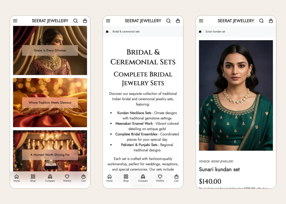 Three phone screens: the Seerat Jewellery home page, the Bridal and Ceremonial Sets collection page, and a product page.