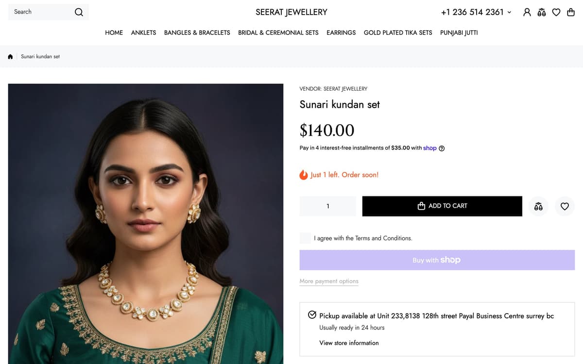 A Seerat Jewellery product page for a kundan set: the piece shown on a model, the price, a Shop Pay instalments line, a low-stock note, add to cart, and a local pickup box for Surrey.