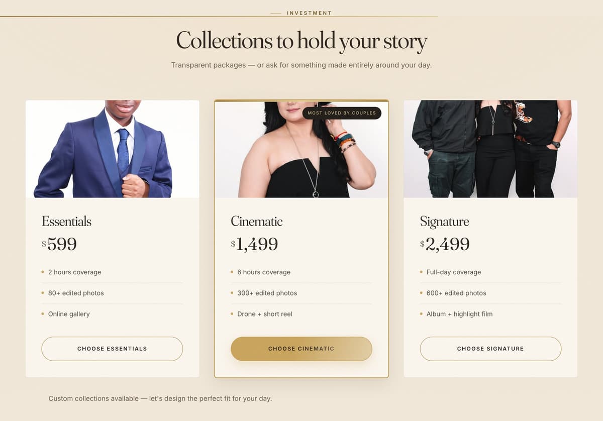 The collections section, 'Collections to hold your story', with three cards: Essentials at $599, Cinematic at $1,499 marked 'Most loved by couples', and Signature at $2,499, each listing coverage, edited photos and extras.
