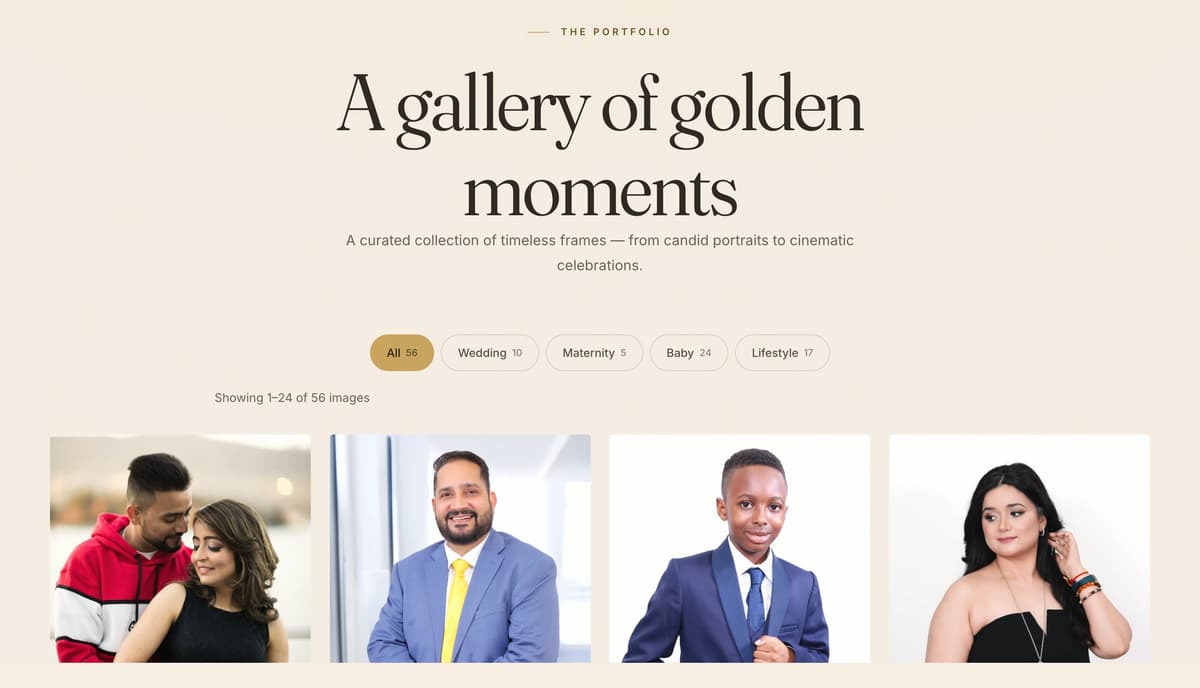 The portfolio page, headed 'A gallery of golden moments', with filter buttons for All 56, Wedding 10, Maternity 5, Baby 24 and Lifestyle 17, above a row of portrait photos.