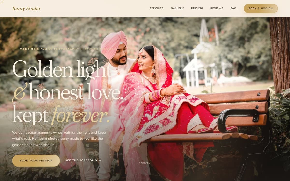 The Bunty Studio home page: a full-width photo of a Sikh bride and groom on a park bench, with the serif headline 'Golden light & honest love, kept forever.' and a gold 'Book your session' button.