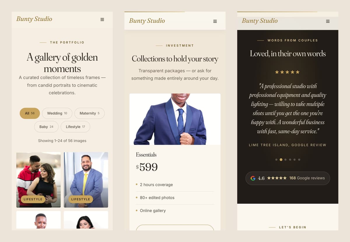 Three phone screens: the portfolio page with its category filters, the Essentials collection card, and the Google reviews section.