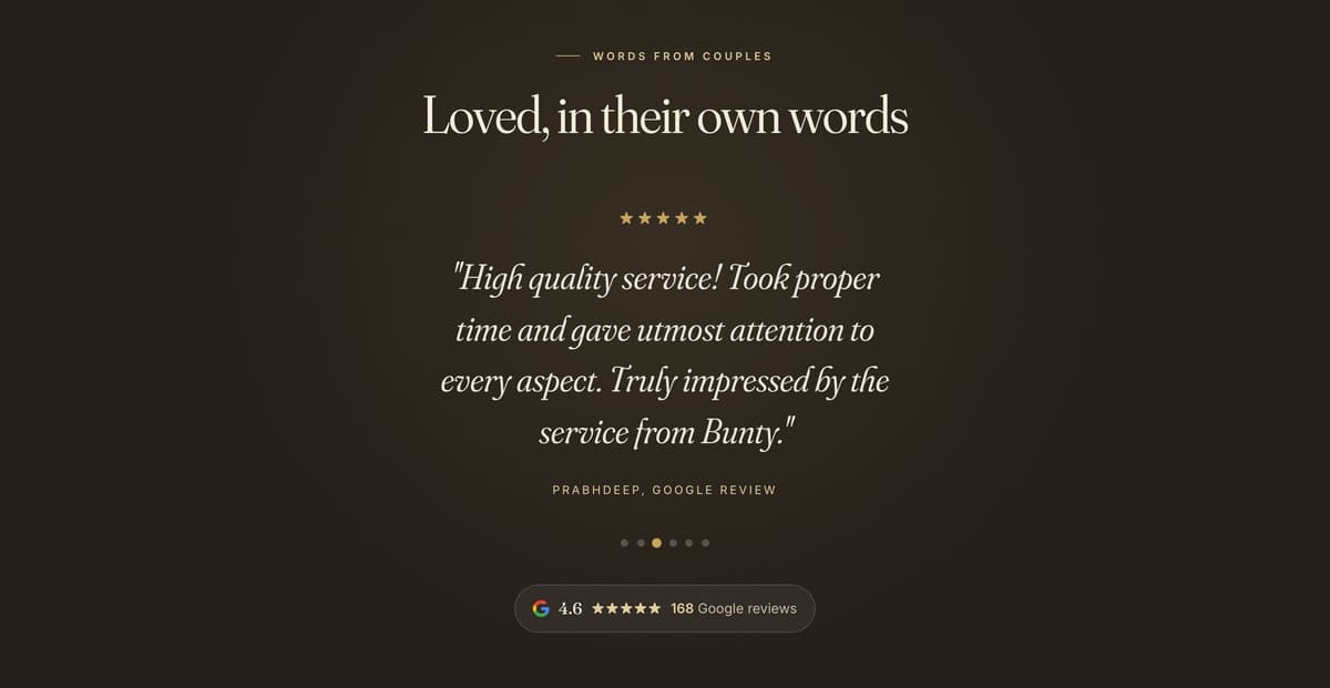 A dark review section titled 'Loved, in their own words', showing a five-star Google review quote and a badge reading 4.6 stars, 168 Google reviews.