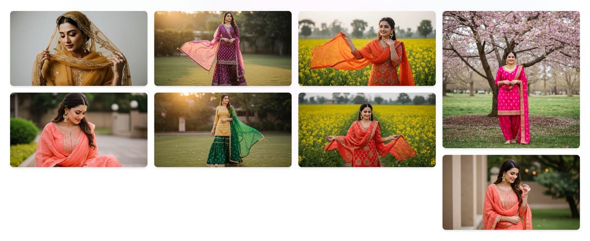 The Gaani gallery: a grid of eight photos of women in embroidered Punjabi suits, in gardens, mustard fields and under a blossom tree.