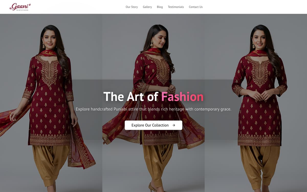 The Gaani home page: three full-height photos of an embroidered maroon suit behind the headline 'The Art of Fashion' and an 'Explore Our Collection' button.