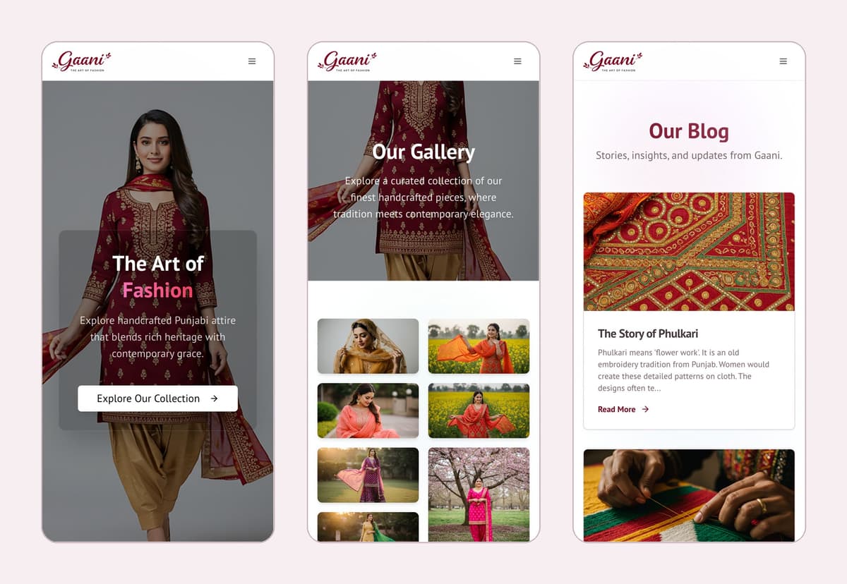 Three phone screens: the Gaani home page, the gallery and the blog.
