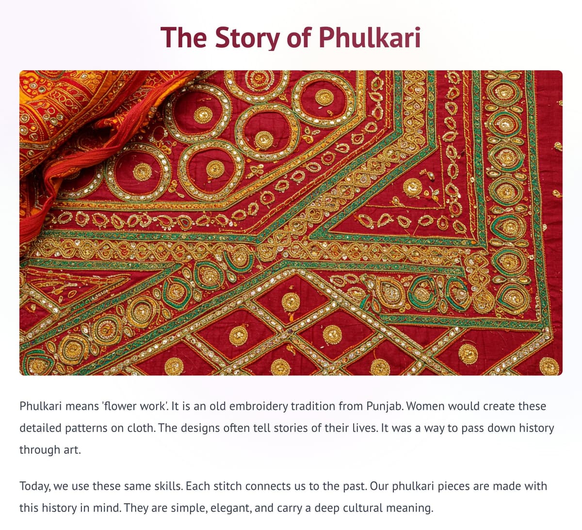 A Gaani blog post titled 'The Story of Phulkari', with a close-up of red, gold and green embroidery above two paragraphs of text.